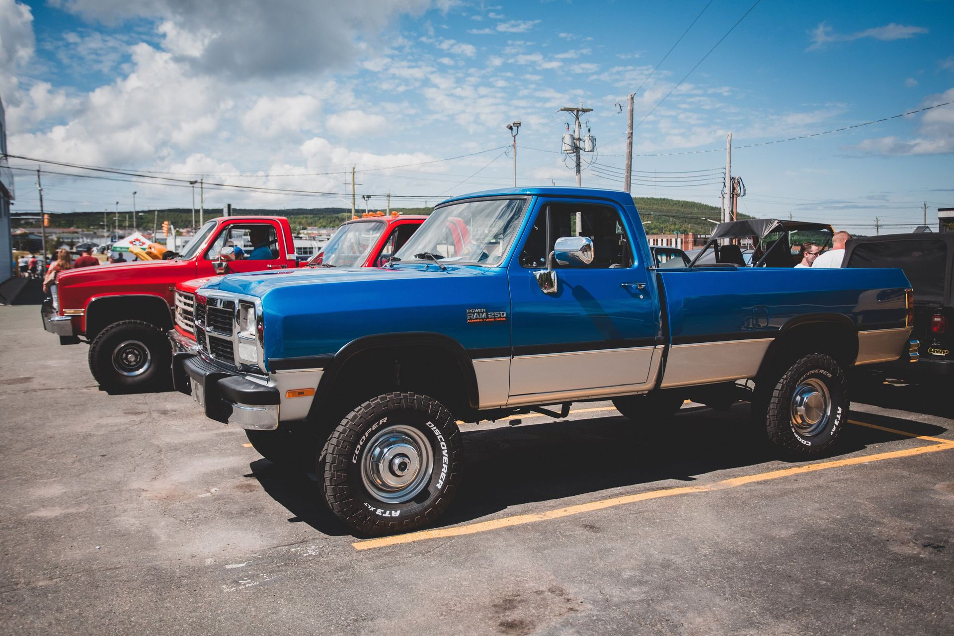Vintage pickup trucks showcased outdoors on a sunny day.